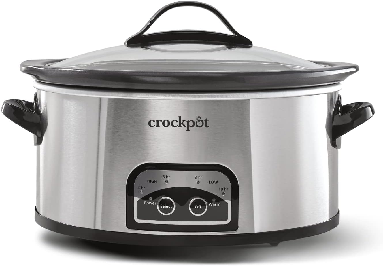Crock-Pot 8-Quart Large Programmable Slow Cooker with Auto Warm Setting, Serves 10, Dishwasher Safe, Black Stainless Steel