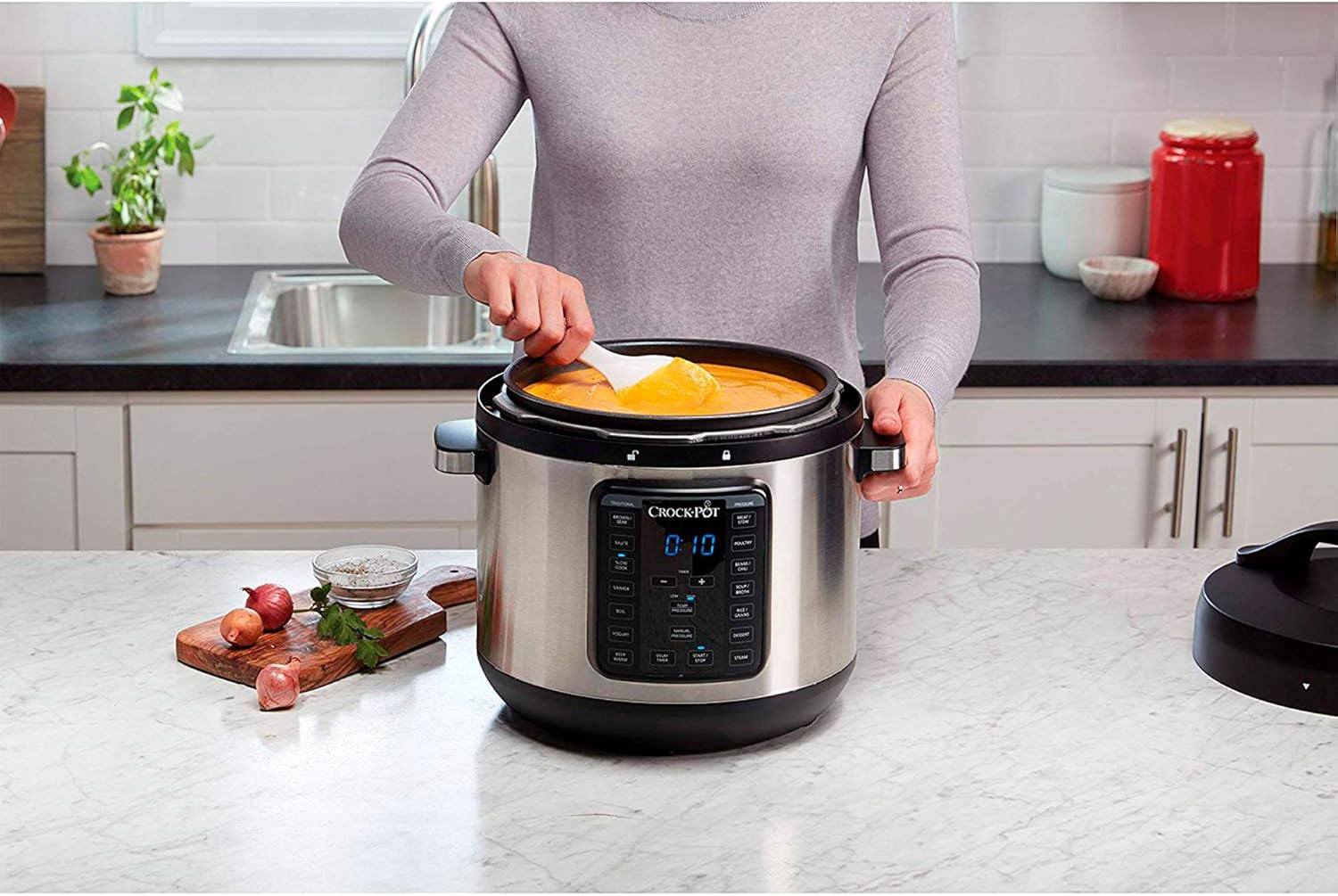 Crock-pot 8-Quart Multi-Use XL Express Crock Programmable Slow Cooker with Manual Pressure, Boil & Simmer with Extra Sealing Gasket, Stainless Steel