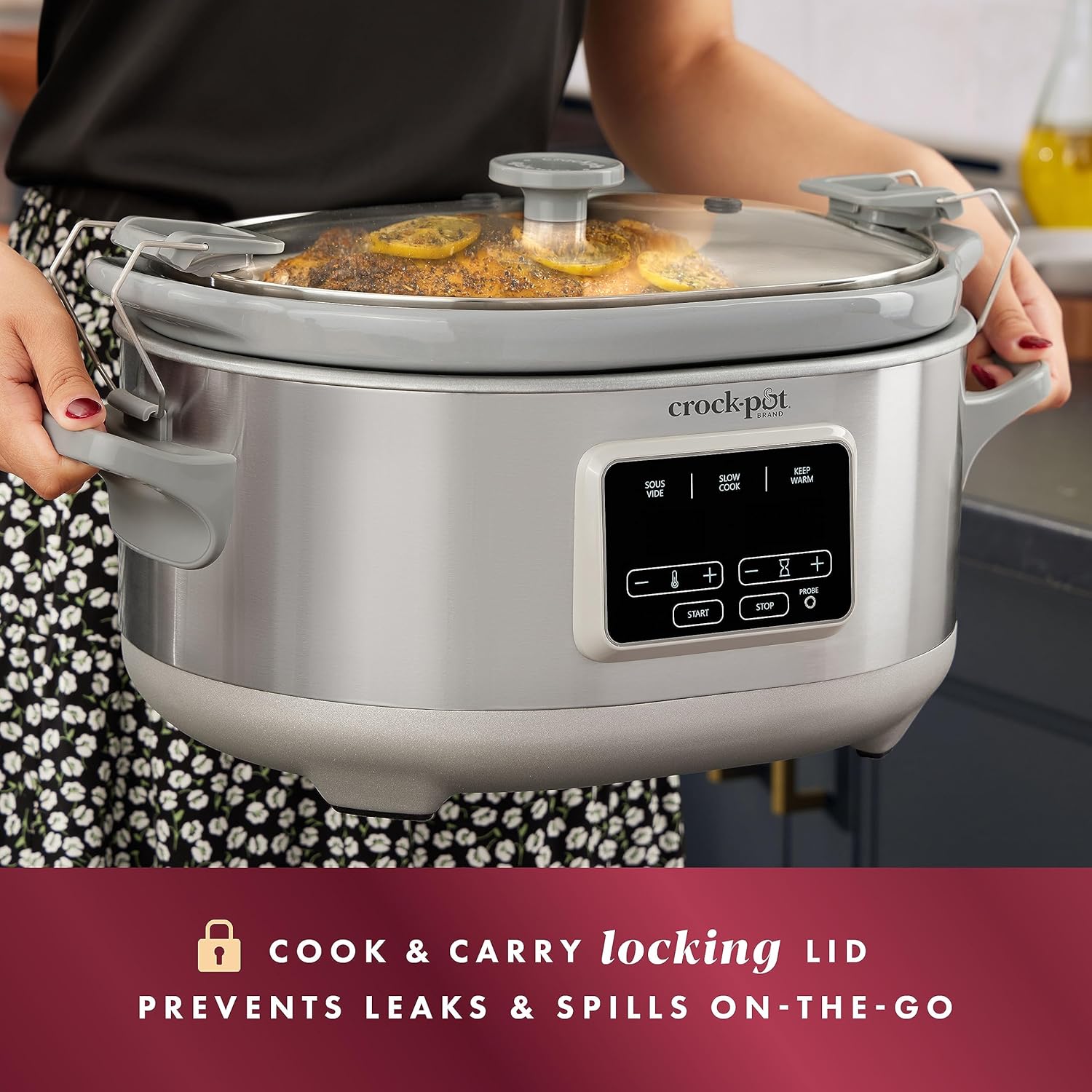 Crock-Pot 7-Quart Programmable Cook & Carry Slow Cooker with Sous Vide, Secure Locking Lid, Portable Cooking, Perfect for Families and Gatherings, Stainless Steel